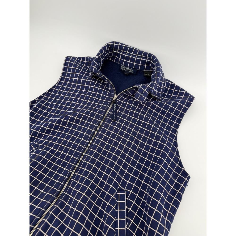 Vintage Babe Didrikson Navy Blue White Grid Golf Vest Full Zip Fleece Lined‎